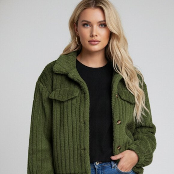 Teddy Front Button Long Sleeve Jacket Green - Picture 2 of 5